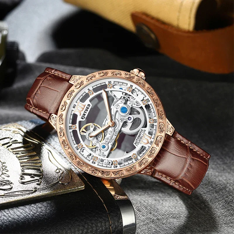 Kinyued Men's Watches Luxury Automatic Mechanical Wristwatches Hollow Leather Strap Business Watch for Men's Waterproof Watch