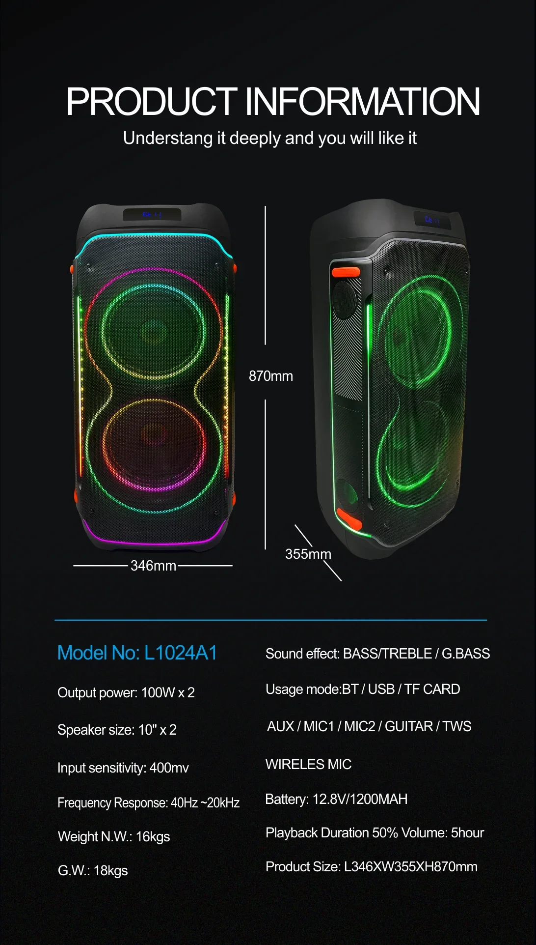 Hot Sales 80W*2 LED Light Good Sounds Wireless Portable Bluetooth Party Speaker Black Battery TWS TYPE-C RGB   Home