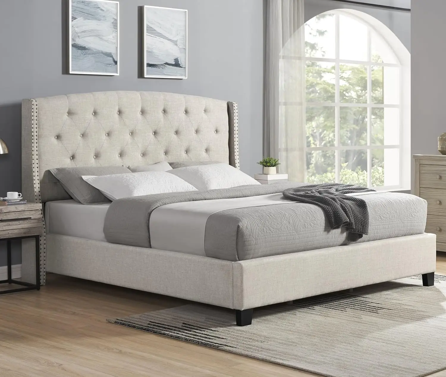 Tufted Wingback Upholstered Bed with Nailhead Trim King Fabric, Customized