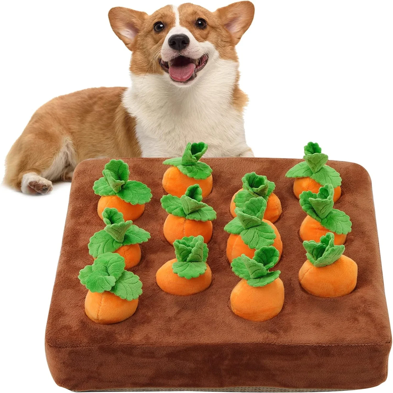 

Non-slip plush carrot snuffle mat for dogs - Interactive puzzle toy - Nosework pet toy - 2 in 1 game with 12 carrots