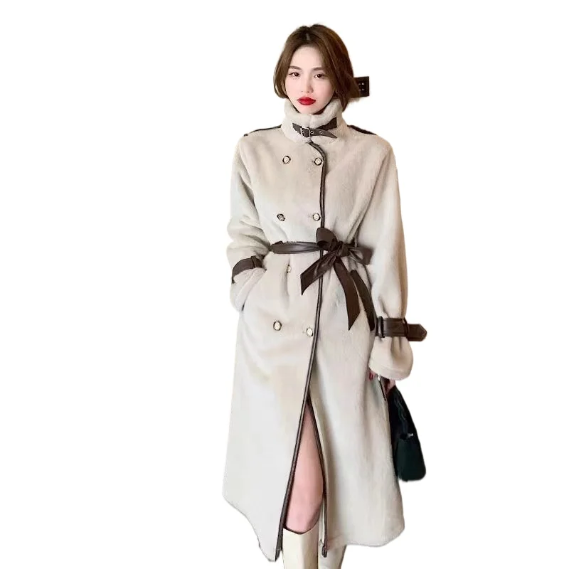 Double Faced ขนสัตว์ฤดูหนาวผู้หญิงเข็มขัด Faux Mink Fur Jacket Single Breasted Plush Coat ยาว Fluffy แจ็คเก็ตคุณภาพ