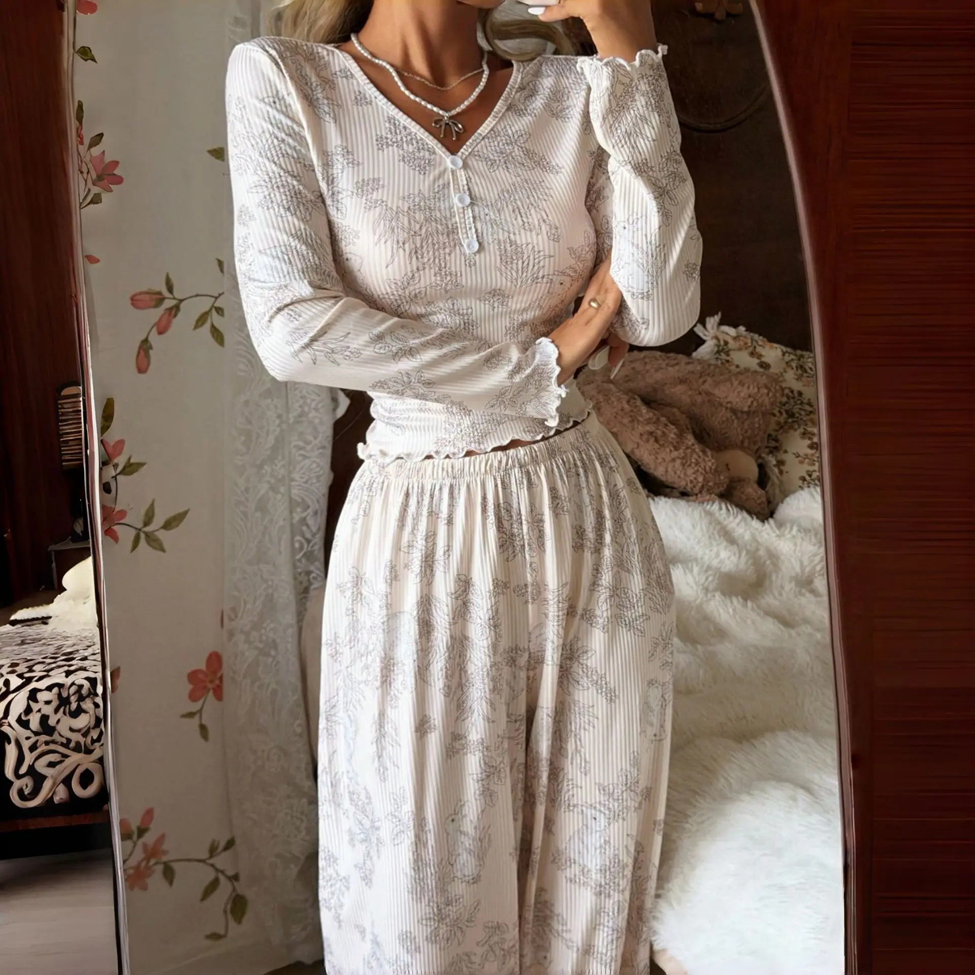 New American-Style Fall/Winter Women's Ribbed Pajamas With Floral Print, Long Sleeve And Pants, Premium Homewear Set For Women