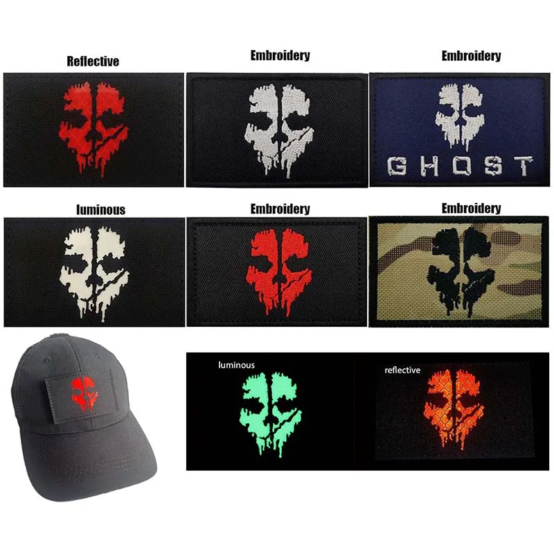 Call of Duty Ghost Face Mask Badges Fabric Applique Embroidery Hook and Loop Patches,Military Tactical Emblemen Glow in Dark