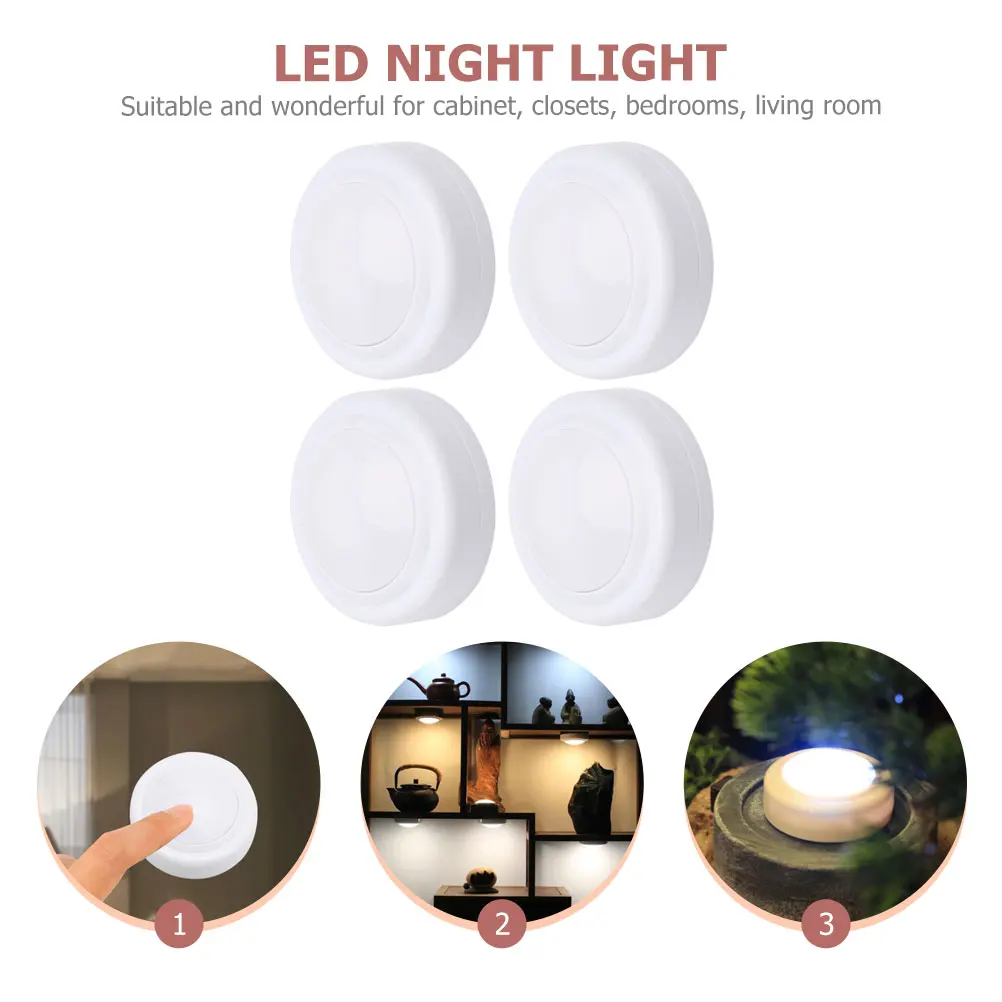 4 Pcs Touch Night Light Regulável Led Tap Portátil Mini Controle Abs Sem Fio Pequeno