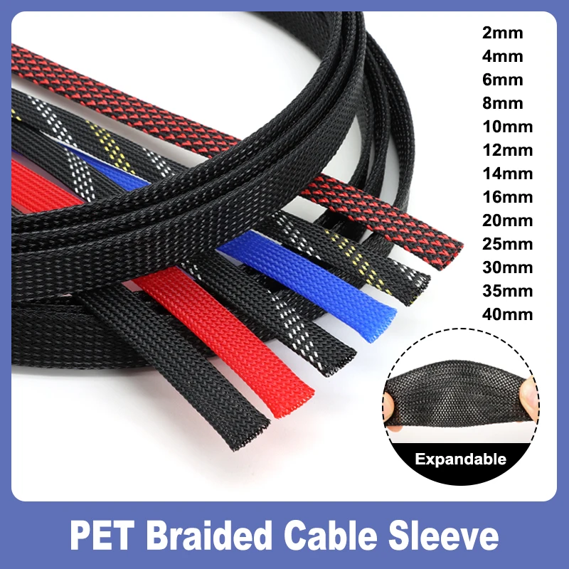 

1/5/10M PET Expandable Braided Cable Sleeve 2mm - 40mm Tight High Density Nylon Insulation Protection USB Power Wire Wrap Sheath