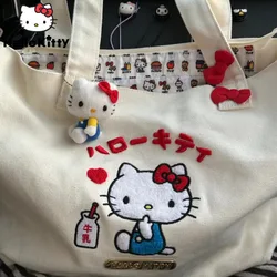 Sanrio Hello Kitty bolsa de lona para mulheres, bolsa de ombro coreana para estudantes, sacola portátil bonita Y2K, bordado, grande capacidade, nova