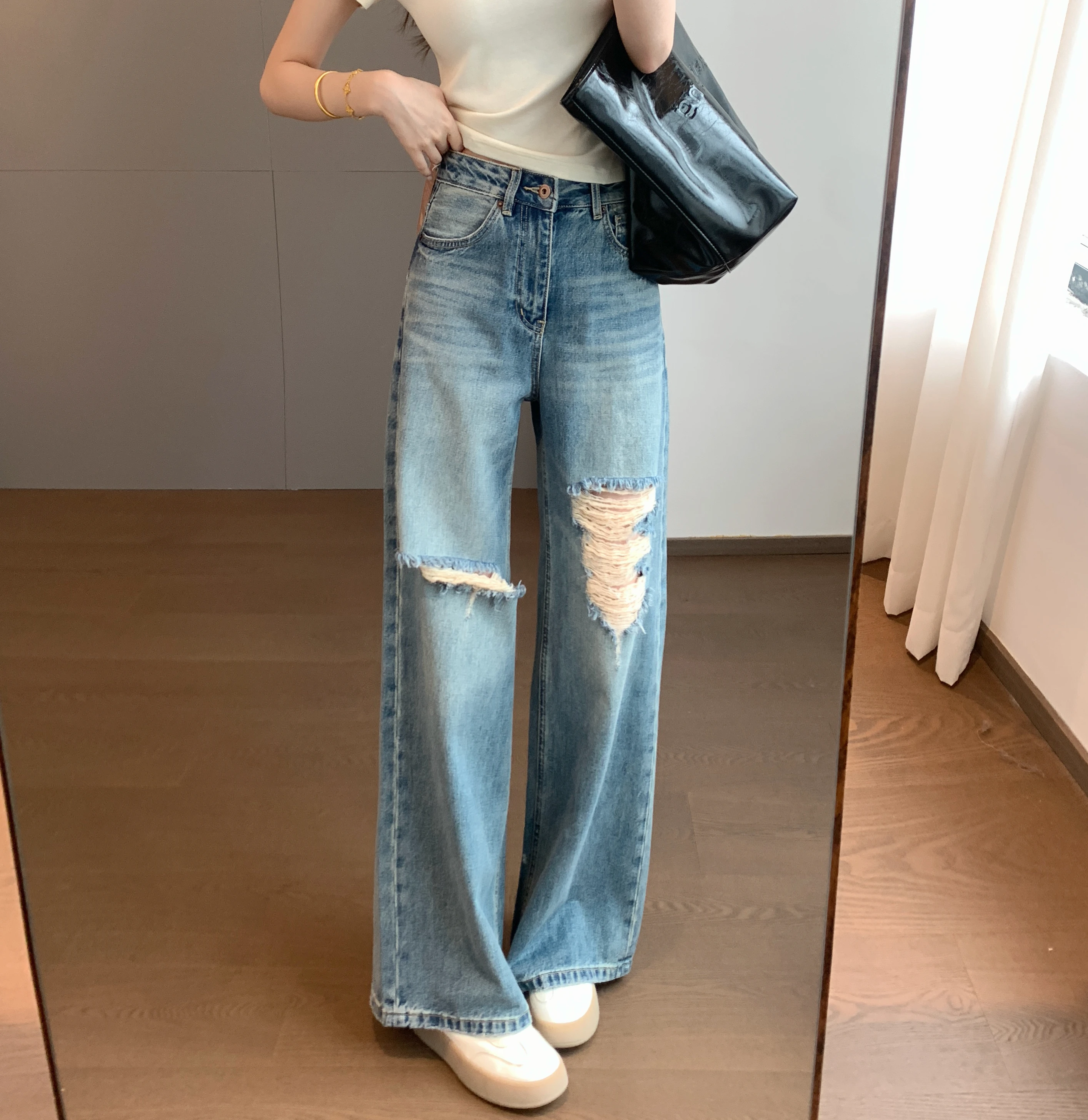 

TheWow Stylish Cotton Denim Jeans Heavy Washed Wide Leg Hole Design Spring Summer High Waist Loose Fit Ladies Jeans