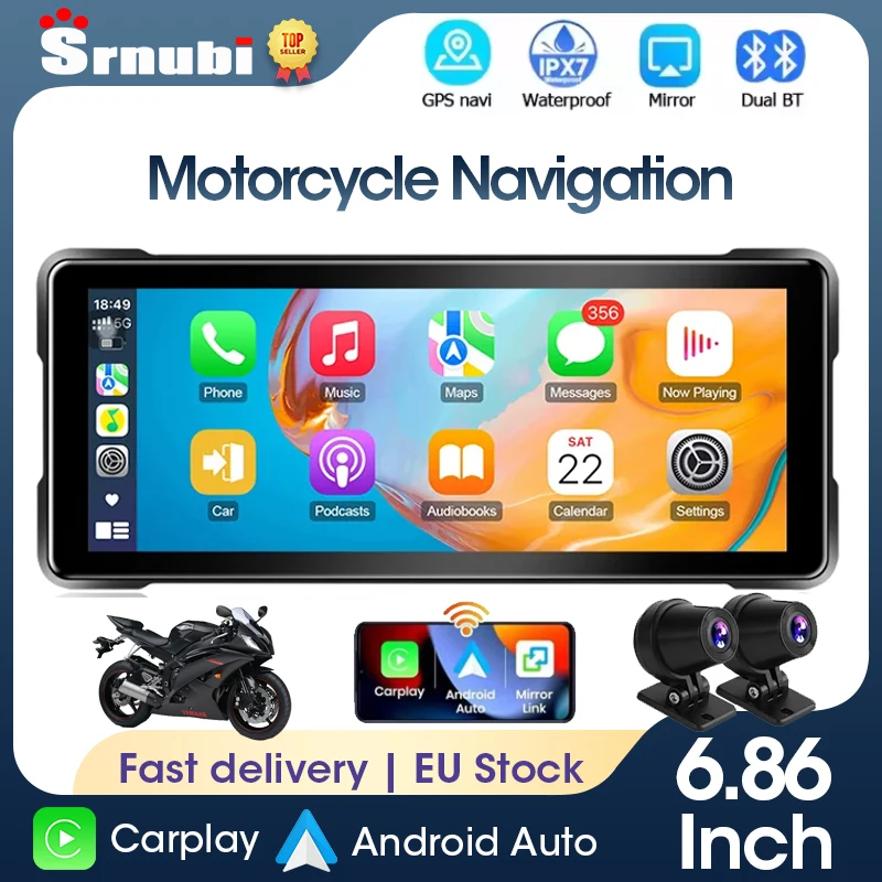 Srnubi 6,86 pollici Wireless CarPlay Moto Cruscotto digitale portatile per moto Schermo di visualizzazione di navigazione GPS Monitor Android Auto