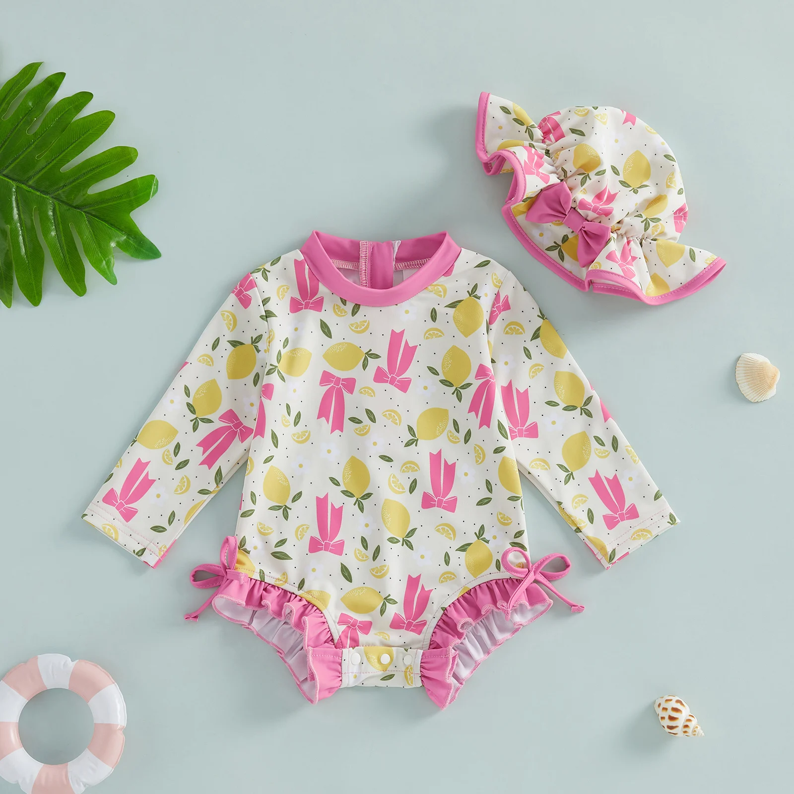 Zomer Baby Baby Meisje Badpak Set Citroen Strik Bloem Rash Guard Lange Mouw Rits Terug Badpak Cap Kleding Set