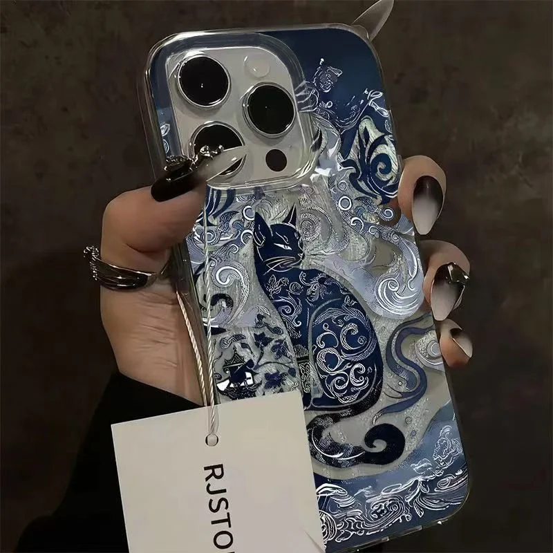 เคสโทรศัพท์ลายแมวโทเท็มสีน้ำเงินสำหรับ Oppo Reno13 Reno12 Reno11 Reno10 Reno8 Reno7 Reno6 Z T Pro 4G 5G  ฝาหลังลายขนนก