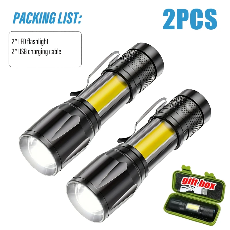 

Powerful Mini LED Flashlight COB+XPE Zoom Torch Built In Battery USB Rechargeable Light Outdoor Portable Camping Emergency Lamp
