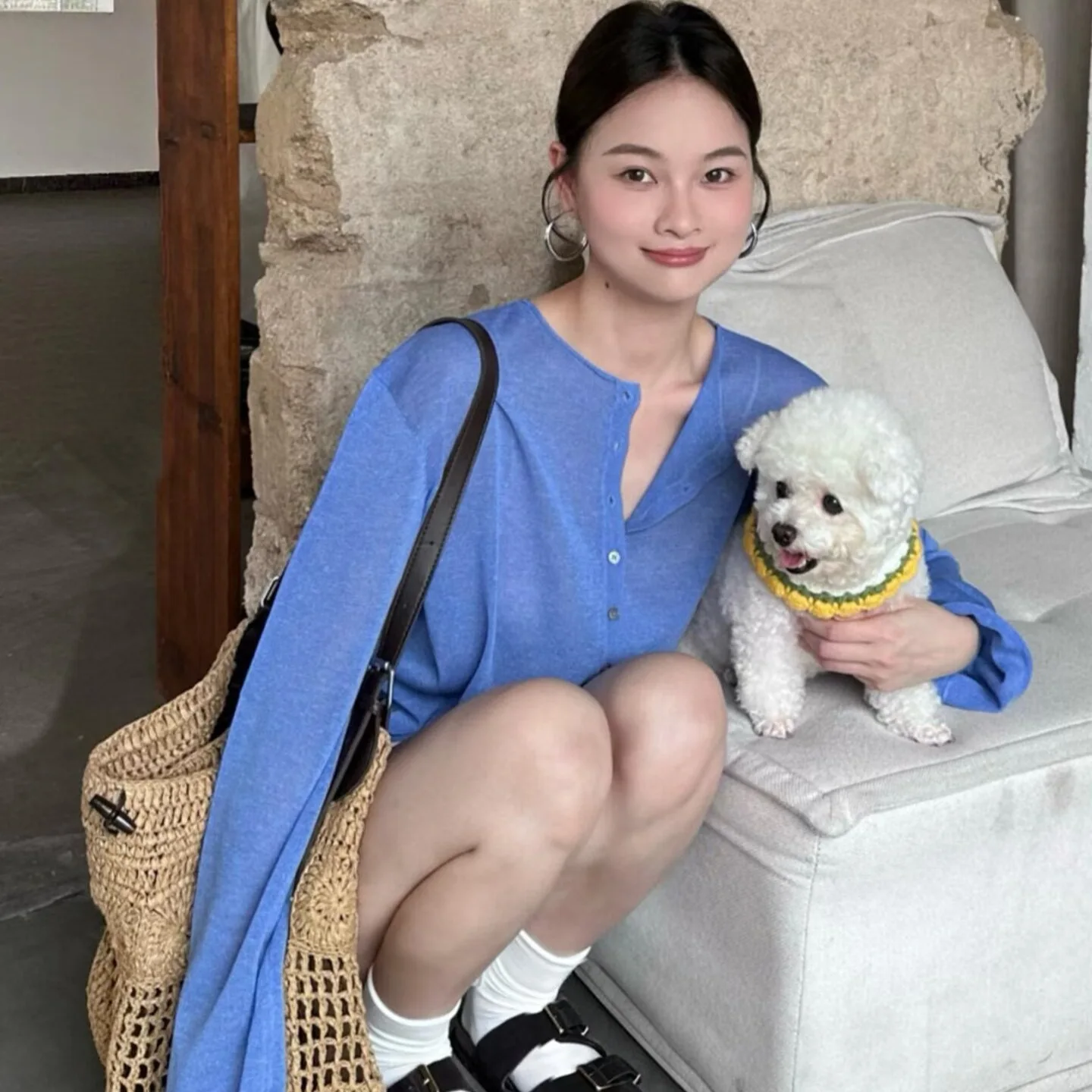 UMI MAO Summer Relaxed V-neck Long-sleeve T-shirt Korean-style High-end Loose-fitting Versatile Top Sun Protection Cover-up