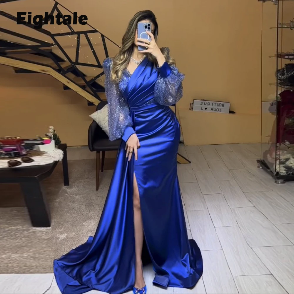 Eightale Evening Dress for Wedding Party V Neck Blue Glitter Long Puffy Sleeves Mermaid  Satin Arabic Customized Prom Gown