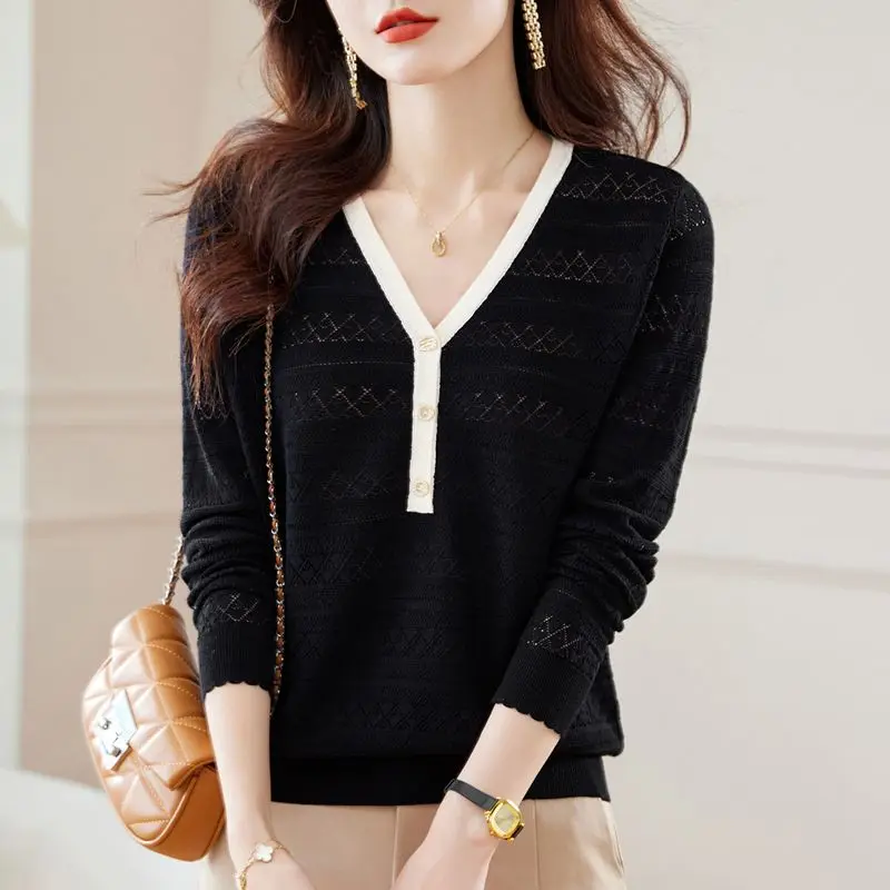 Fashion V-Neck Knitted Spliced Hollow Out Blouses Women's Clothing 2024 Autumn New Loose All-match Tops Commute Shirts