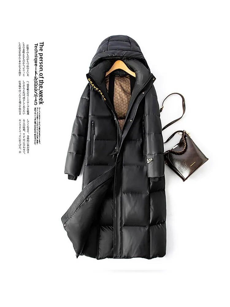 Cappotto in Vera Pelle Haining da Donna, Lunghezza Media, Nuovo Modello Invernale, Taglia Grande, Bianco, con Cappuccio in Piuma d'Oca e Pelle di Pecora