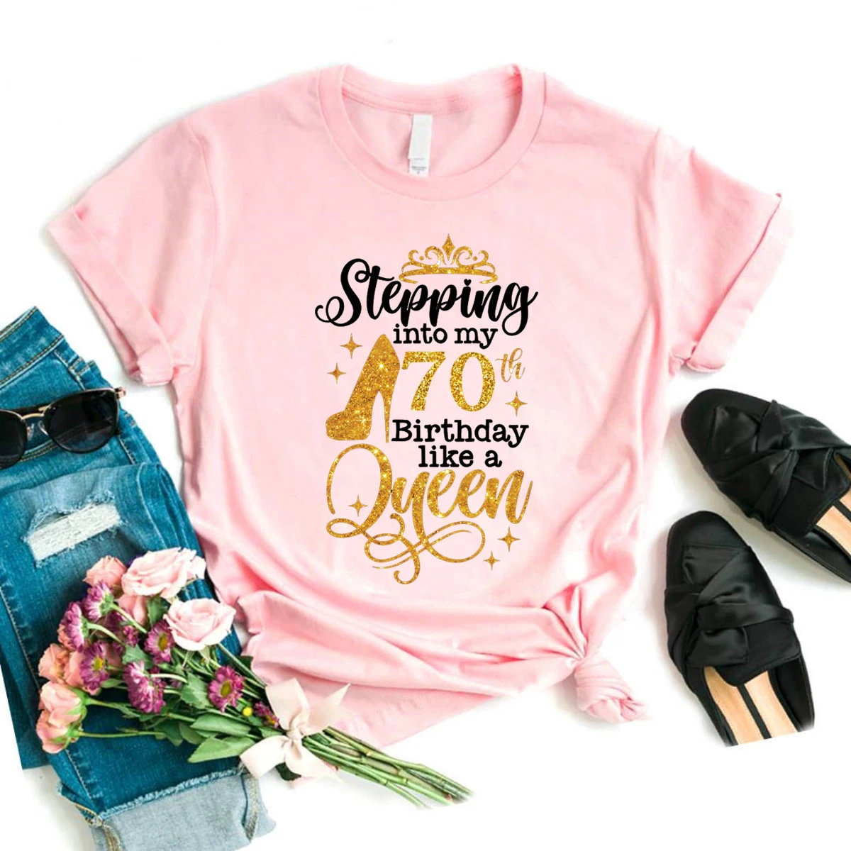 Glitter Stepping Into My 60th Birthday Like A Queen Printed T Shirt Girls Crown High Shoes Birthday Gift Tshirt Women T-Shirt