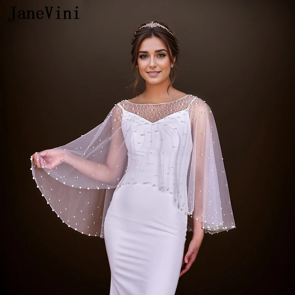 JaneVini Luxury Pearl Tulle Cape Bridal Wraps Evening Shrug Shawl Wedding Party Bolero Woman Elegant Capa Para Novia Boda 2024