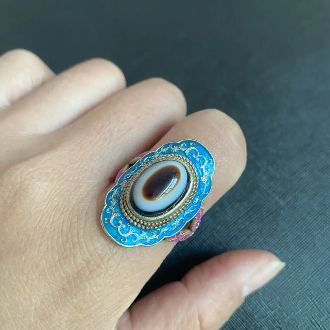 

Antique Collection Return Old Silver Inlaid One Look Dzi Bead Ring Ring One Look Bead Living Men's and Women's Rings