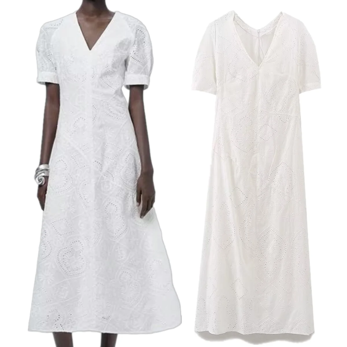

Dave&Di French Country Retro White Lace Embroidery Cotton Dress Women's Minimalist Loose Summer Midi Dress Party Dresses Vestido