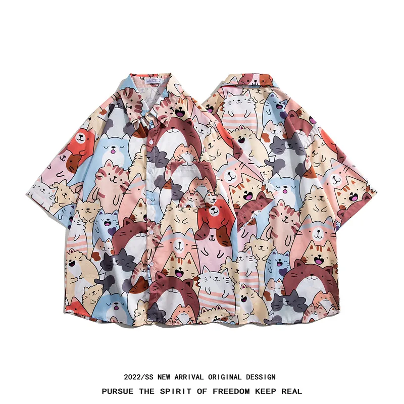 Cartoon  Print Men's Summer Short Sleeve Shirt Loose Fit Casual Hawaiian Style BF Collar Flower Patterned Outerwear