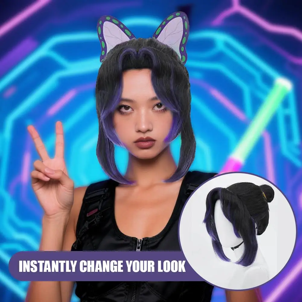 Nova alta qualidade kochou shinobu kocho peruca cosplay 35cm preto roxo trança resistente ao calor cabelo sintético anime perucas + peruca boné