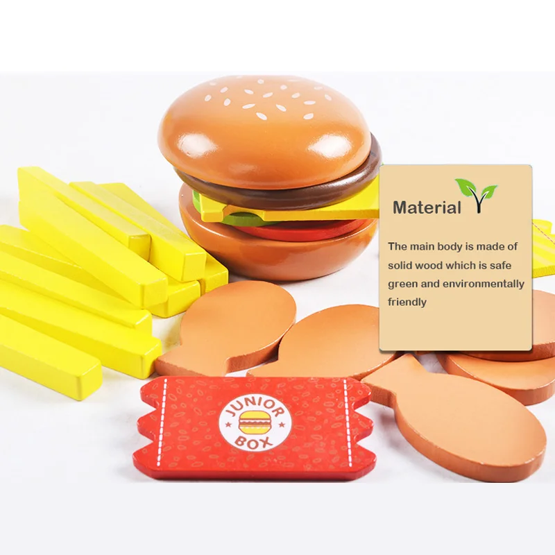 Children\'s simulation food toy set, wooden simulation burger, fries, wooden blocks, role-play, kitchen/shop, early learning toys
