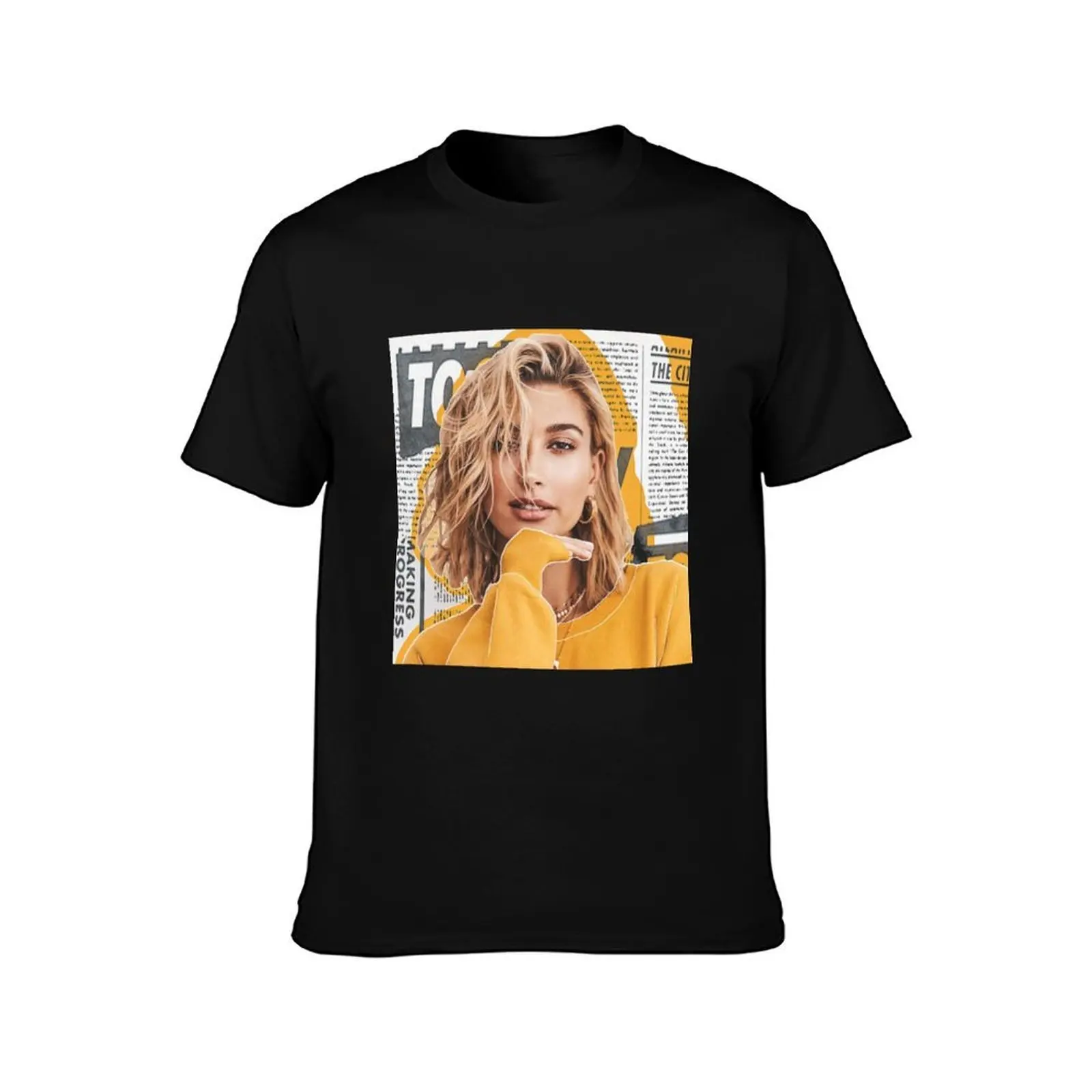 Hailey Baldwin Newspaper Graphic Design T-Shirt, Summer Casual Cotton Tee, Oversized Streetwear Tops, Vintage Graphic Print