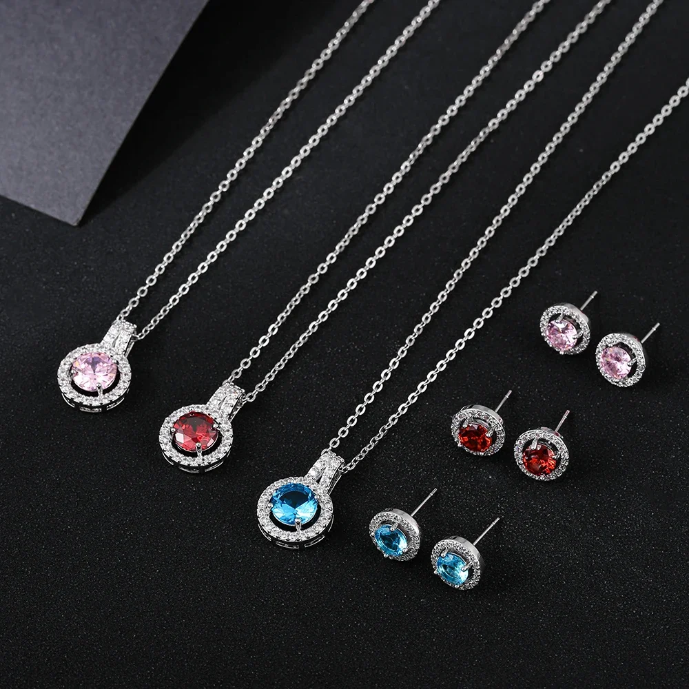 LXOEN New Luxury Korean 10 Colors Round Geometric Earrings Necklace Set for Fashion Women Bridal Wedding Jewelry Accessories