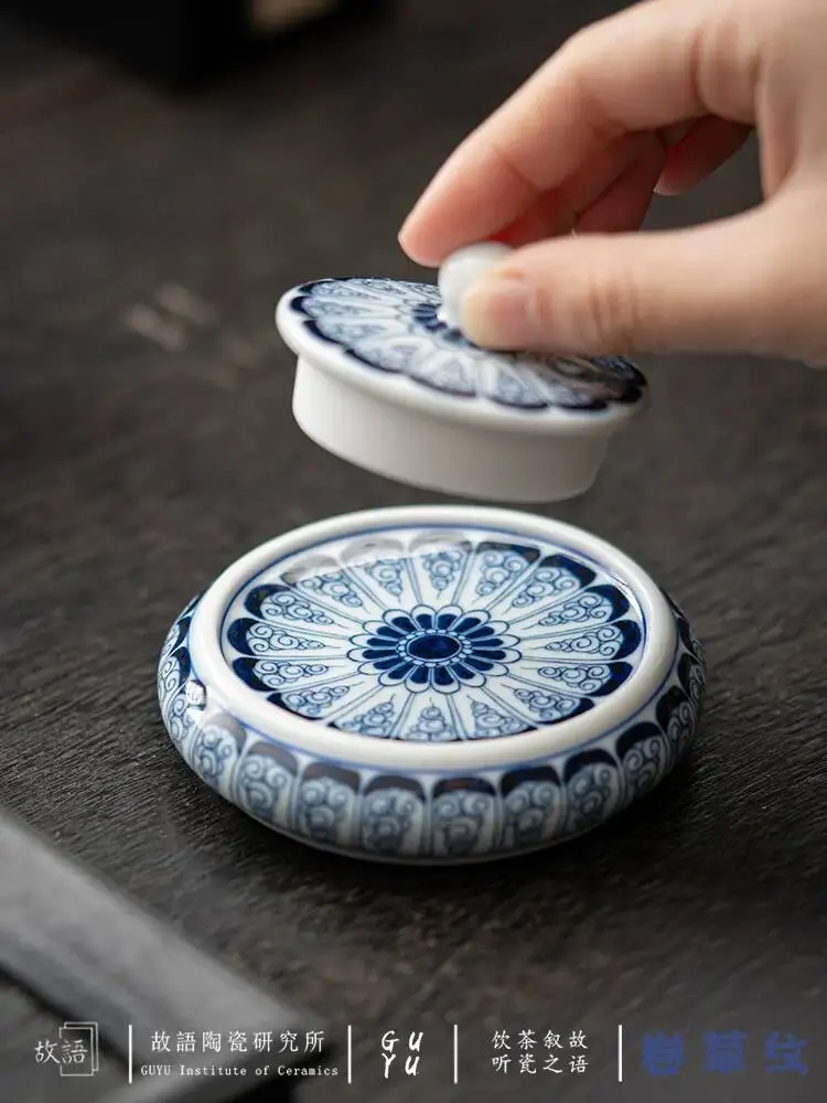 Curly Grass Pattern Blue And White Coaster Set Mat Antique Handicraft Ornament Cover, Tea Ceremony Accessory Pot Cover