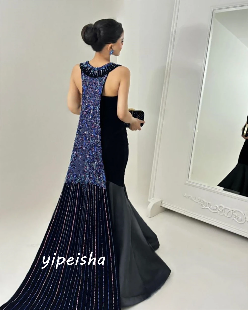 Evening Ball Dress Saudi Arabia Velour Beading Draped Pleat Cocktail Party A-line O-Neck Bespoke Occasion Gown Long Dresses