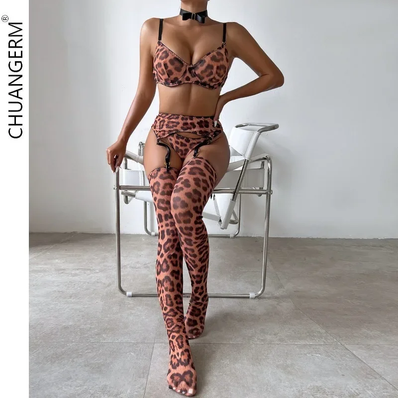 Chuangerm, Leopard, sexy Unterwäsche sechsteiliger Push-up-BH mit Strumpfhosen Set Porno Kostüm sexy Frauen offen