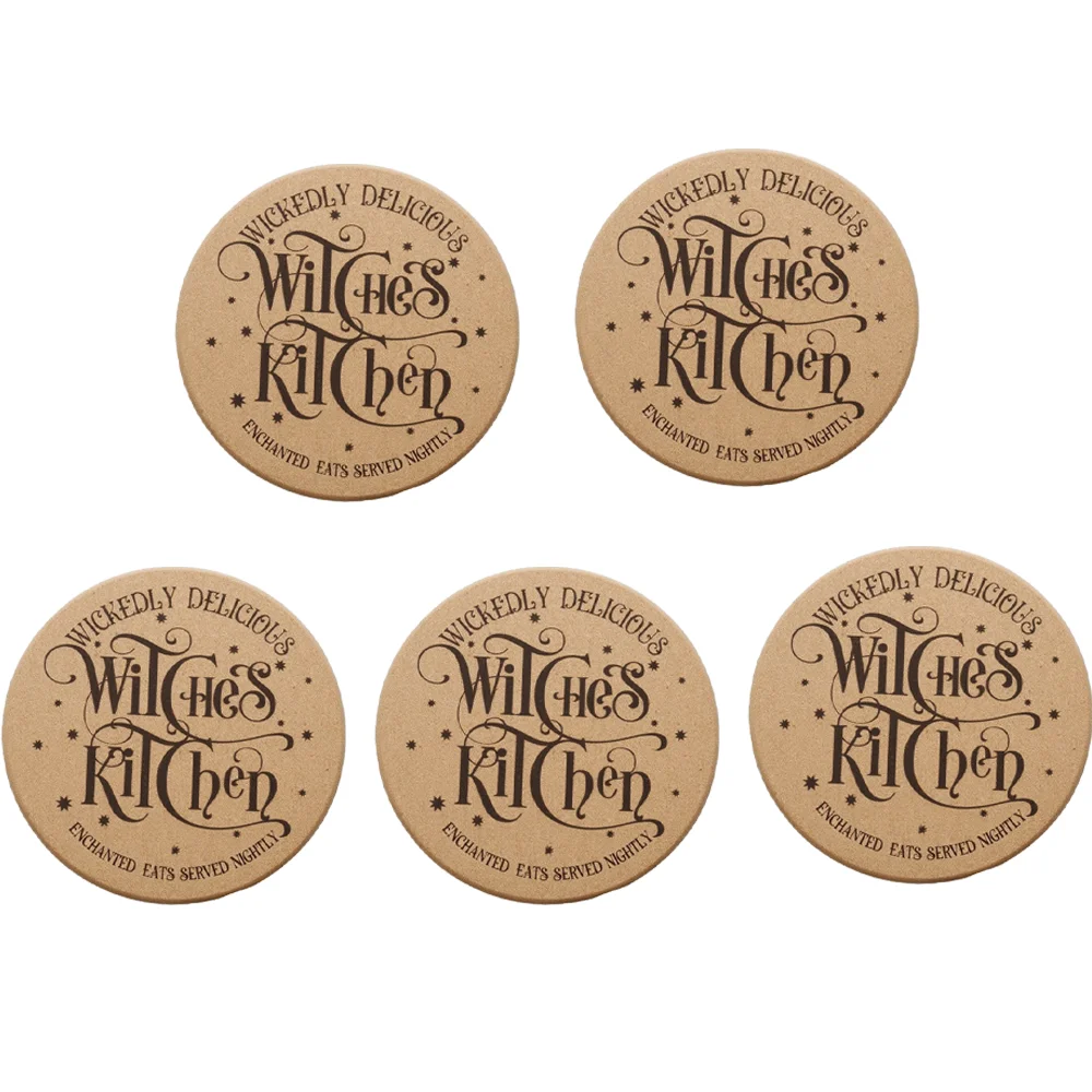 

5pcs Wickedly Delicious Witch's Kitchen Enchanted Eats Served Nightly Cork Coasters Wooden Table Protection Home Table Decor