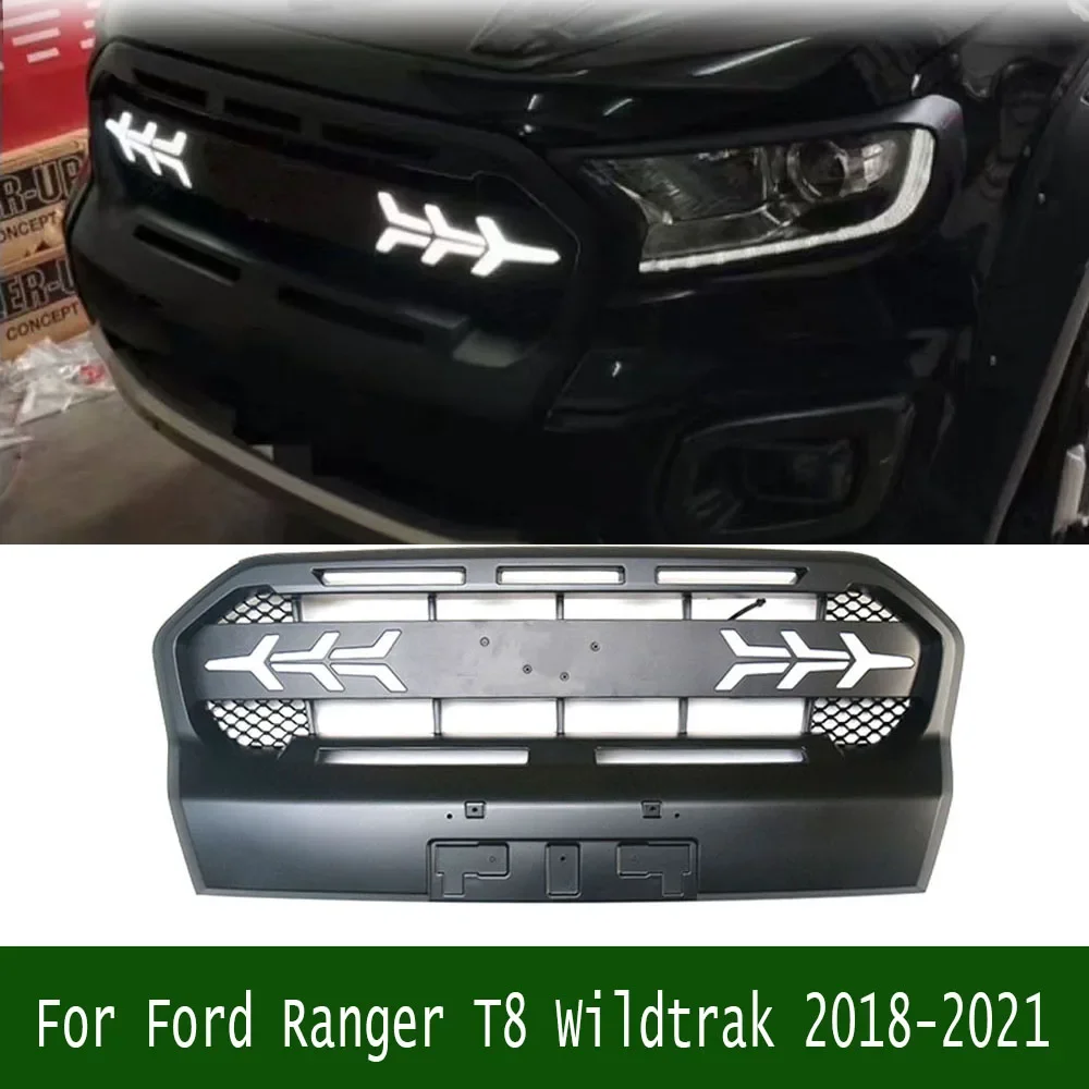 

For Ford Ranger T8 Wildtrak 2018-2021 Auto Parts Mesh Grills Car Hood Grille ABS With LED Light Bumper Grills Cover