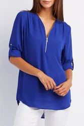 S-5XL Dames En Mousseline De Soie Chemise Multi Couleurs Col En V Fermeture Éclair À Manches sulfDécontracté Basique Blanc Noir Chemisier Chemise Y-Plus Taille