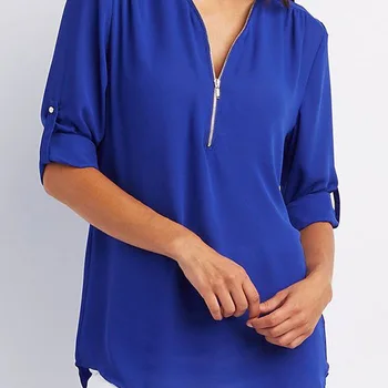 S-5XL 여성용 루즈한 쉬폰 셔츠, 멀티 컬러 V넥 지퍼, 긴팔 캐주얼 블라우스 셔츠, 기본 화이트 블랙 상의, 플러스 사이즈