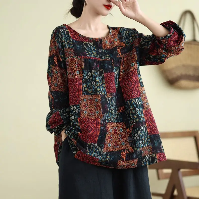 Plus Größe frauen Frühling Herbst Neue Rundhals Langarm Top Senior Mama der Lose Bauch Bedecken Gedruckt Baumwolle leinen Tragen