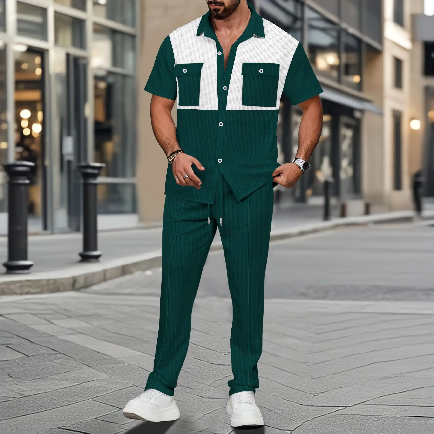 

Men Summer Casual Waffle Contrast Color Button Shirt Pant 2 Piece Set Loose Fit Tracksuit For Daily Streetwear Vacation Outdoor