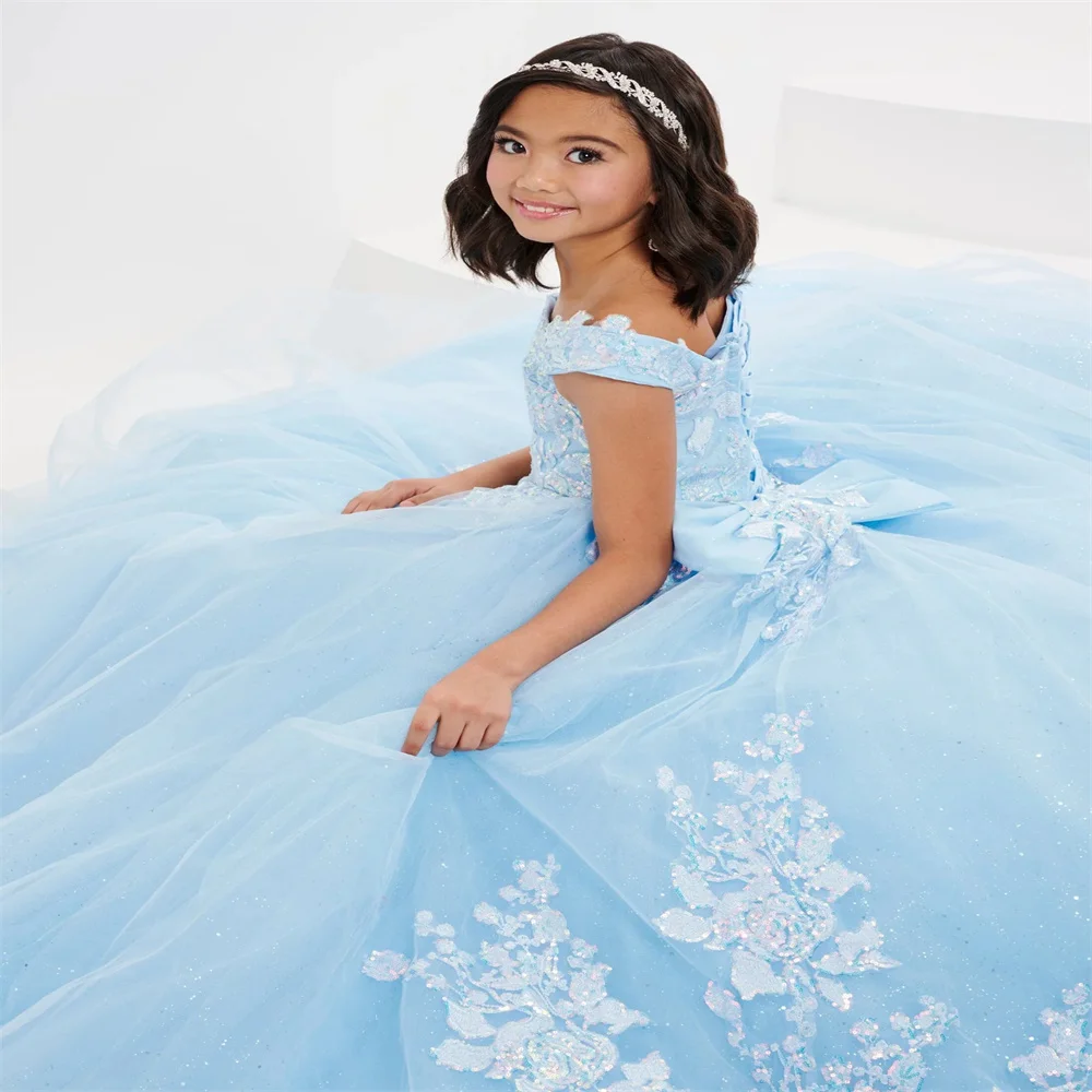 Blue Flower Girl Dresses for Wedding Lace Tulle Sequin Applique Flat Collar Elegant Kids First Holy Communion Ball Gowns