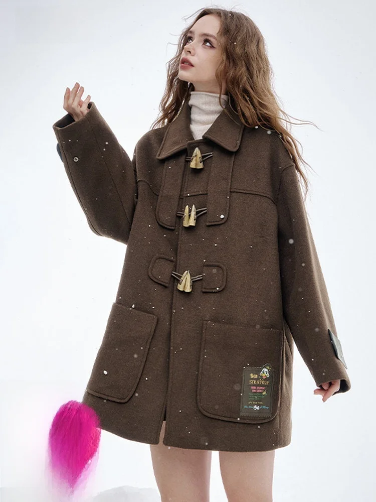 

Ele Brown Woolen Coat for Women with Horn Buttons London Foggy Vintage Sle by Elf Sa Long Sve Mid-Length Coat