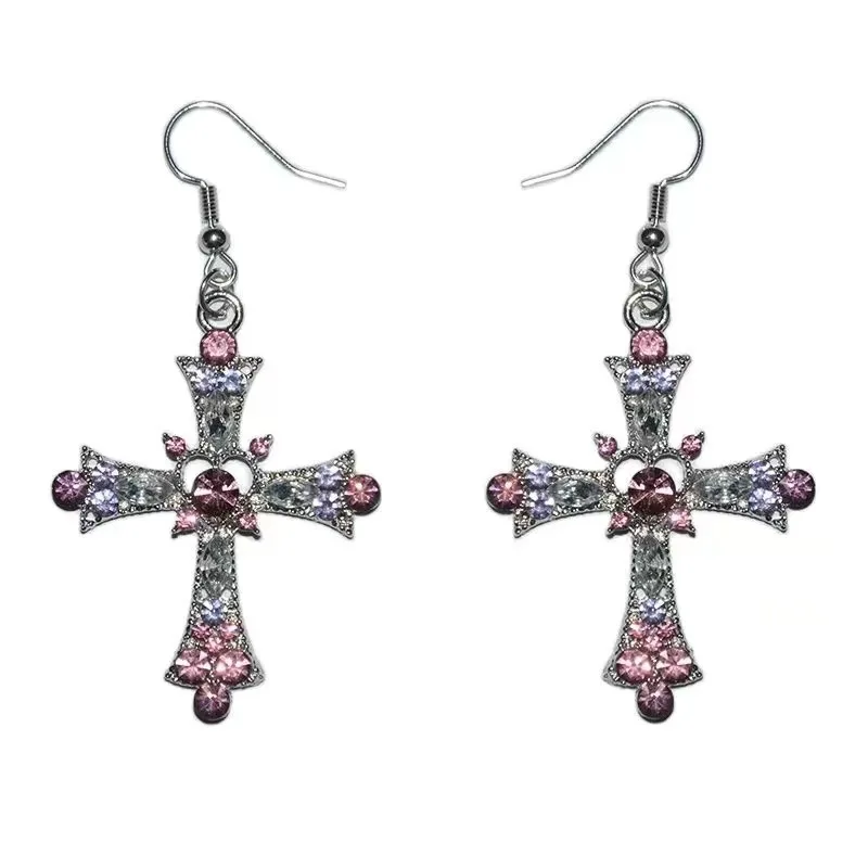 Bohemian Colorful Rhinestone Cross Pendant Earrings For Women Shiny Pink Crystal Cross Dangle Earrings Party Jewlry Girls Gifts