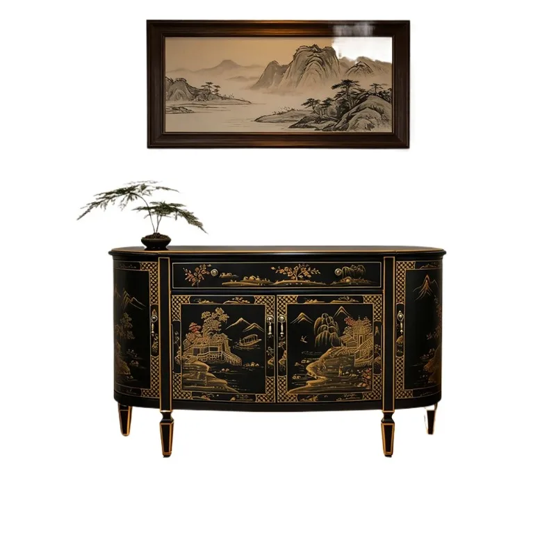 

French Chinese style retro painted entrance cabinet, entrance foyer cabinet decorative cabinet, solid wood hand-painted storage