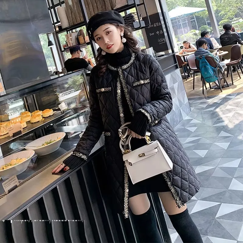 2023 Winter Wadded Coat Women Elegant O Neck Button Lightweight Long Warm Outerwear Tassels Patchwork Female Black Padded Jacket