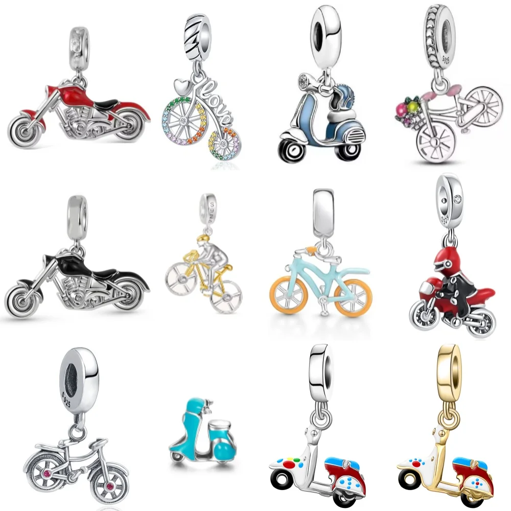 Pingente de Bicicleta Rosa e Charm de Motocicleta Azul-Preto em Prata 925 para Decoração de Pulseira Original Feminina, Joia de Moda DIY, Presente