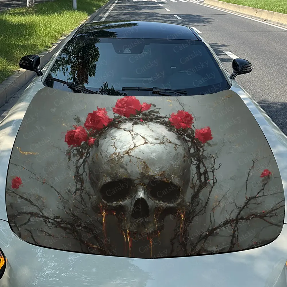 Red Flower And Skull Car Hood Sticker, Premium Vinyl Sticker For Automotive Exterior Customization, Durable PVC Vinyl Wrap