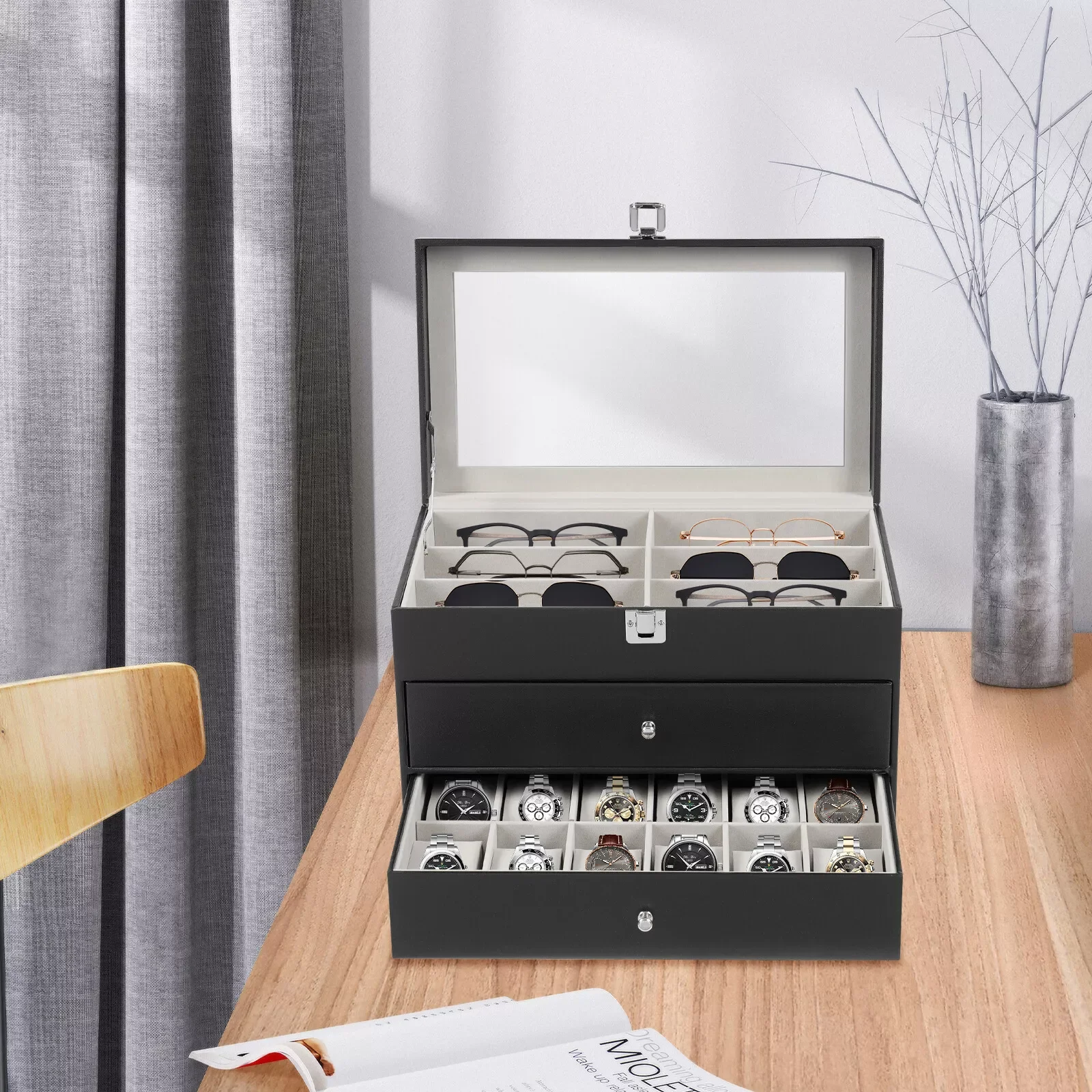 

24 Slots 3 Layers, Watch Box, Glasses Leather Display Case, Lockable Organizer, Jewelry Storage Box, Tabletop