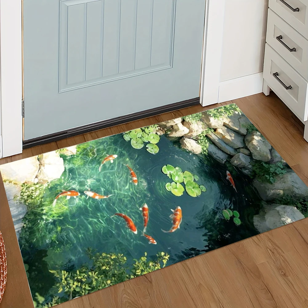 Vikama's Vibrant Koi Pond Pattern Floor Mat, With Koi Fish And Lotus Rock Landscape Design, As Well As a Home Decoration Carpet.