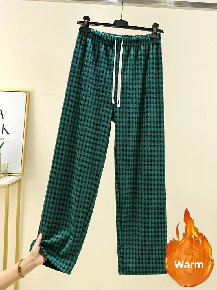 Thiened Fce 여성용 겨울 파자마 바지 끈없는 홈 레저 체크무늬 하이웨이스트 롱 팬츠 플러스 사이즈 홈웨어