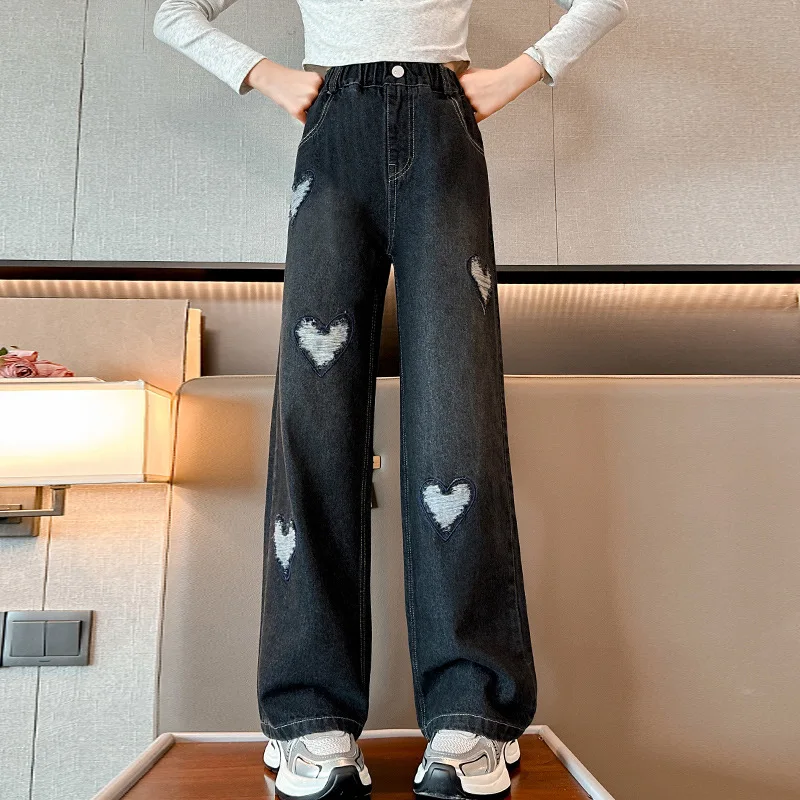 Teen Girl Black Jeans 2024 Pop Street Trendy Hole Broken Ripped heart Straight Narrow Loose Wide Leg Pants junir kids trousers