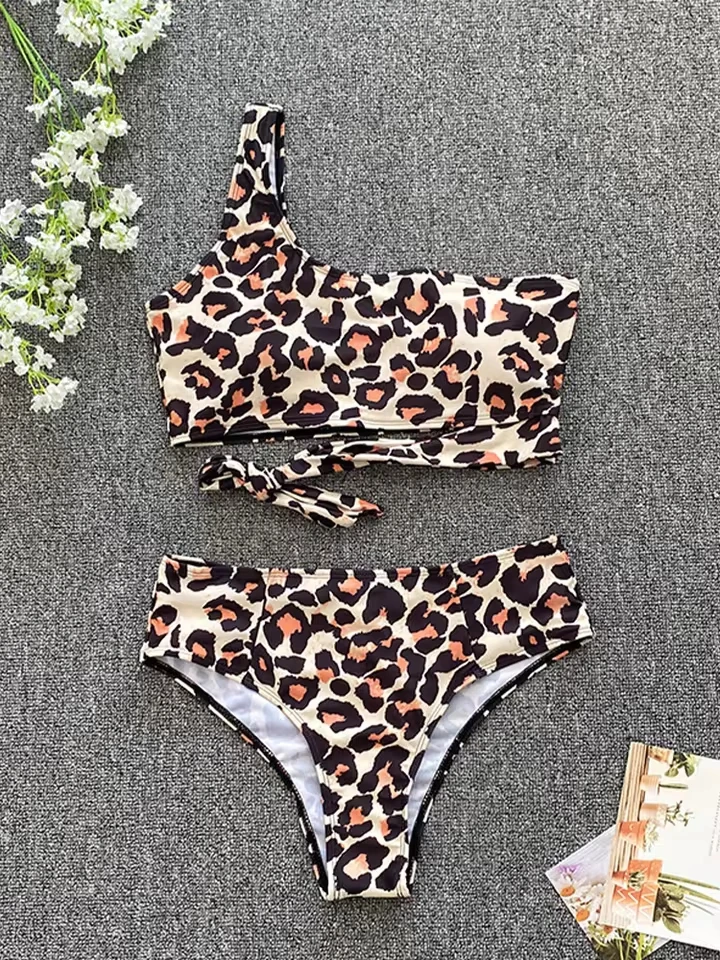 

Vzvn Sexy One Shoulder Bandage Bikini Women Split Swimsuit Beach Bikini 2026 New All Season Backless Leopard Bikinis 2 Piece Set