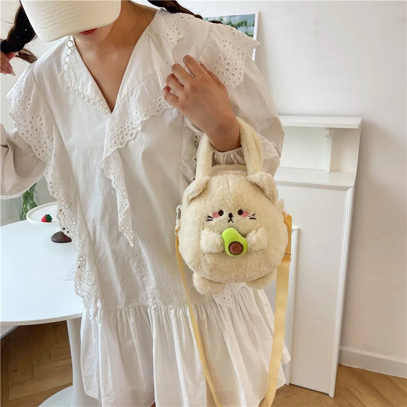 Cute Cartoon Bag For Women Girls Fashion Sweet Avocado Cat Plush Shoulder Bag Elegant Peach Rabbit Plush Crossbody Bag Gifts